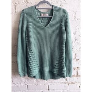 LOFT Women’s Medium Mint Green V Neck Cotton Chunky Knit High Low Sweater Top